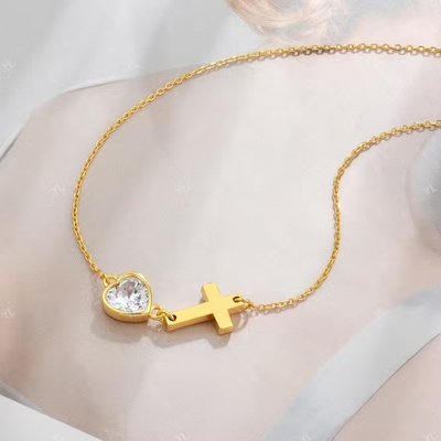YASVITTI Bezel Heart Cubic Zirconia Necklace 925 الفضة الكلاسيكية الصليب العادي القلادة 18K المصفوفة بالذهب مصنع الجملة